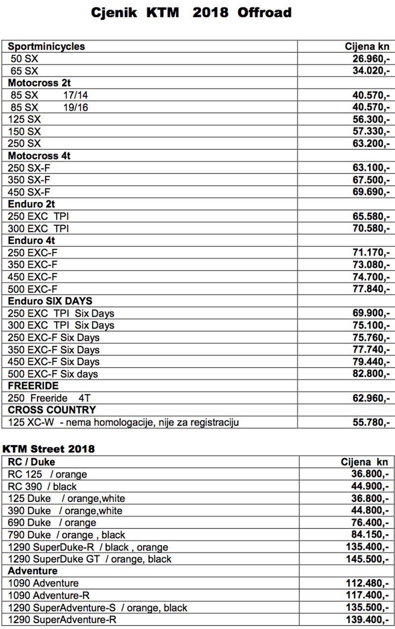 2018 Cjenik KTM svi 01.12.2017